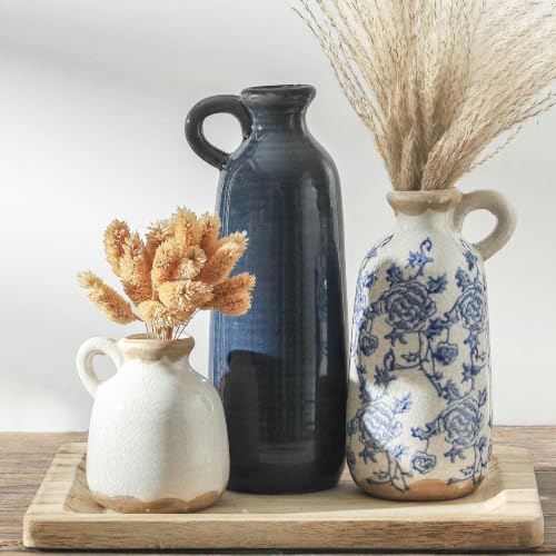 Ceramic Vase Set of 3 with Handle, Vintage Rustic Vases Home Decor Farmhouse Decorative Vase Pottery Decor Modern for Table Mantel Entryway Bookshelf Living Room Kitchen Bedroom - Blue - color: 010 Vase Set - Vintage Blue