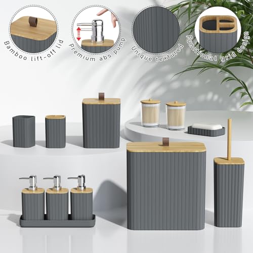Bathroom Accessory Set - Grey Bathroom Set, 12PC Bathroom Accessories Set, Grey Bathroom Accessories Set, Mini Trash Can, Toilet Brush, Trash Can & Soap Dispenser - size: Bathroom Set, style: Grey