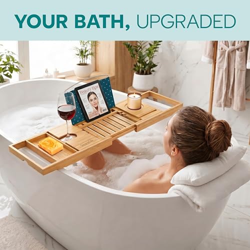 SereneLife Premium Bathtub Tray Caddy with Gift Box and Bow Set, Expandable Bath Tray, Unique House Warming Gifts for Mom, Women, Wedding, Anniversary, Bridal Shower, Fit for All Tub - Natural - color: Natural, Gift Set