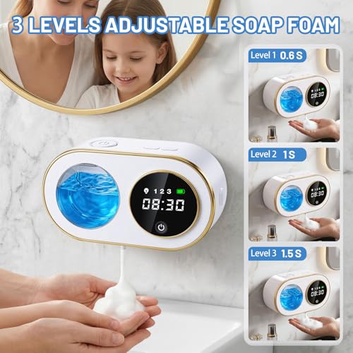 Automatic Soap Dispenser, 320ML Touchless Smart Hand Soap Dispenser, 3 Adjustable Soap Levels, Rechargeable Wall Mounted Electric Foam Soap Dispenser for Bathroom Kitchen Office (White - T1) - color: White - T1