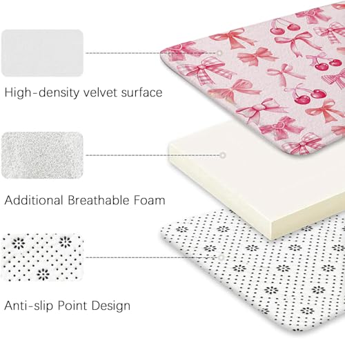 4Pcs Shower Curtain Set, Red Cherry Pink Bow Bathroom Shower Curtain with Rugs and Accessories,with Non-Slip Rugs, Toilet Lid Cover and Bath Mat for Bathroom Decor Set - color: Pink Bow