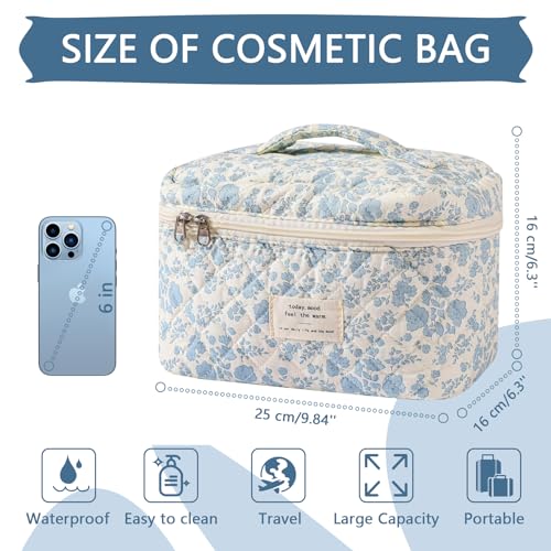 Gosect Large Makeup Bag, Cute Cosmetic Bag for Women Girls, Floral Coquette Aesthetic Toiletry Bag, Travel Make Up Organizer Bag (BDLH) - color: 08Blue Flower