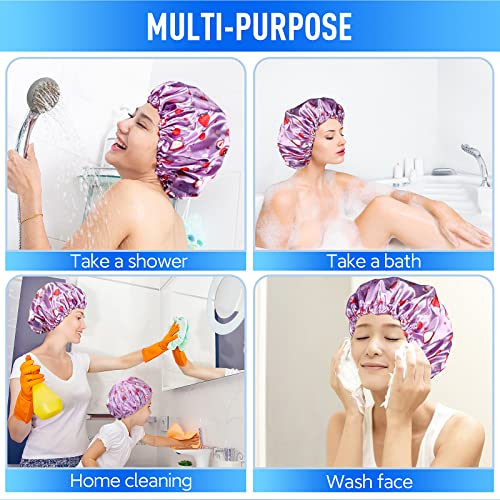 Shower Caps for Women Reusable Waterproof, Adjustable Double Layer Shower Cap, Hair Cap, Bathing Cap Shower Hat Fit for Kids Adult Hair Protection - color: Purple Strawberry, size: Medium