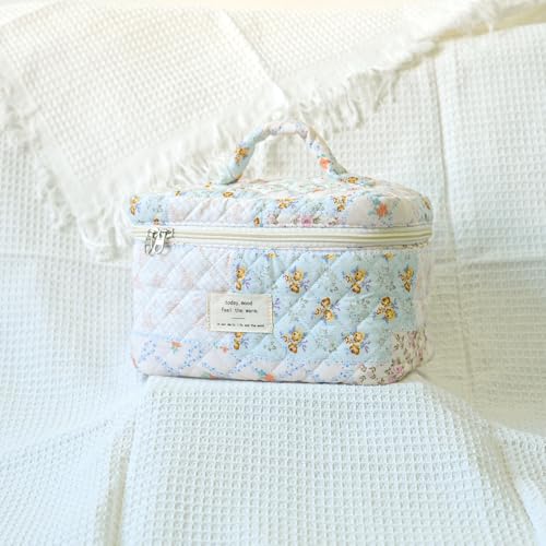 Sminra Makeup Bag Large Travel Quilted Cosmetic Makeup Bag Organizer, Floral Cotton Coquette Aesthetic Toiletry Bag for Women Girls (Blue Floral Collage-L) - color: Blue Floral Collage-L