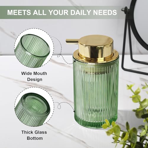 KASUNTING Green Glass Foaming Soap Dispenser, Ribbed Foam Hand Soap Dispenser for Bathroom, 11 Fl Oz Refillable Foaming Pump Bottle with Black Pump, Modern Dish Soap Foam Dispenser - color: Green Bottle+ Gold Pump, size: Foam-1 Pack