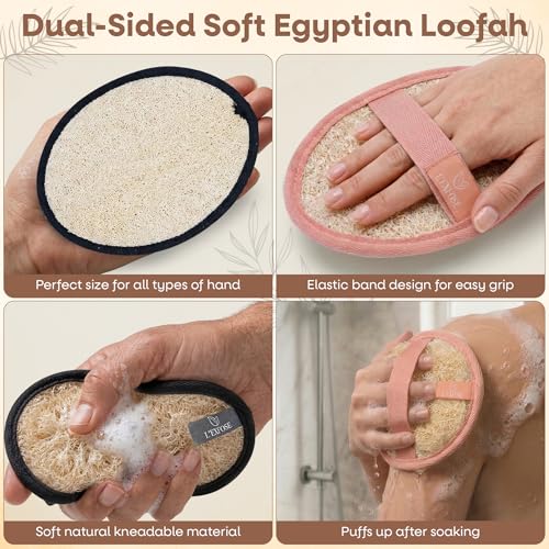 L'Exfose Organic Natural Loofah Body Scrubber for Shower – Dual Sided Egyptian Fiber Plastic Free Loofah – Quick Dry Natural Body Scrubber with Sisal Soap Saver Bag – Minimal Spa Gift for Men Women - color: Black & Salmon