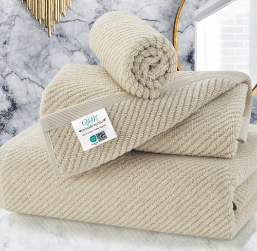 VOOVA & MOVAS Beige Towels for Bathroom - 100% Cotton | Quick Dry | Soft | Thick, 3 Piece Towel Set, 1 Large Bath 30" x 56", 1 Hand 18" x 28",1 Wash Cloth 13" x 13", Bathroom Essentials, Light Tan - color: Tan - Beige, size: 3 PC Bathroom Towel Set