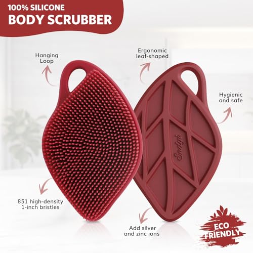 Sndyi Silicone Body Scrubber, Gentle Exfoliating Body Scrubber for Sensitive Skin, Leaf Shaped Shower Scrubber for Body with Lathering Bristles, Silicone Loofah Body Brush for Showering, Red - color: Red