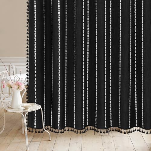MitoVilla No Hooks Required Boho Farmhouse Shower Curtain with Snap-in Liner, Cotton Linen Fabric Shower Curtains with Tassels for Rustic Neutral Bathroom Decor, Black and White, 72 x 74 - color: Black
