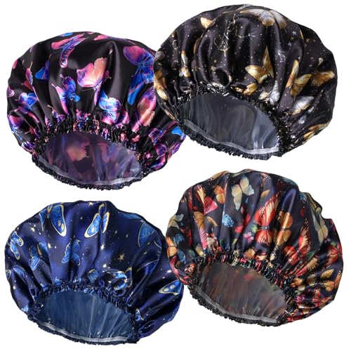 4 PCS Shower Cap for Women, Elastic and Reusable Bath Caps, Double Layers Shower Caps Reusable Waterproof, Bathing Shower Caps, Environmental Bath Hair Protection Cap - Butterfly A - color: Butterfly A