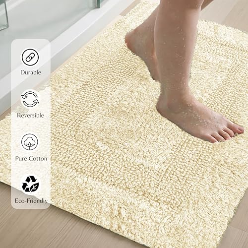 THE BEER VALLEY Set of 2 Reversible Bath Rug 21x32/17x24 Inch, Light Yellow | Cotton Absorbent Bathmat for Bathroom, Washable Toilet Throw Thick Mat - color: Light Yellow, size: 1'9" x 2'8" (Rectangular)