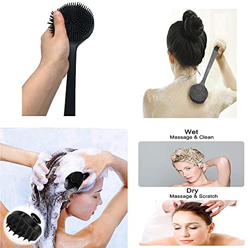 Silicone Body Scrubber & Scalp Massager, Long Handle Shower Brush, Exfoliating Scrubber for Men, Women & Kids - color: Black