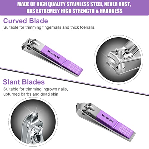 Manicure Set Professional Nail Clippers Pedicure Kit, 16 pcs Stainless Steel Nail Care Tools Grooming Kit with Luxurious Travel Leather Case for Thick Nails Men Women Gift - color: Violet