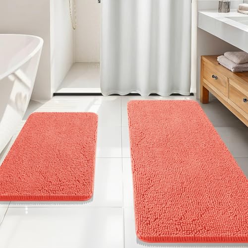 OLANLY Bathroom Rugs Sets 2 Piece, Soft Absorbent Chenille Bath Mats Area Rug Set, Non-Slip, Quick Dry, Machine Washable Bath Mats for Bathroom, Home Decor Accessories (59"x20"+30"x20", Coral) - color: Coral, size: 59" X 20" + 30" X 20"