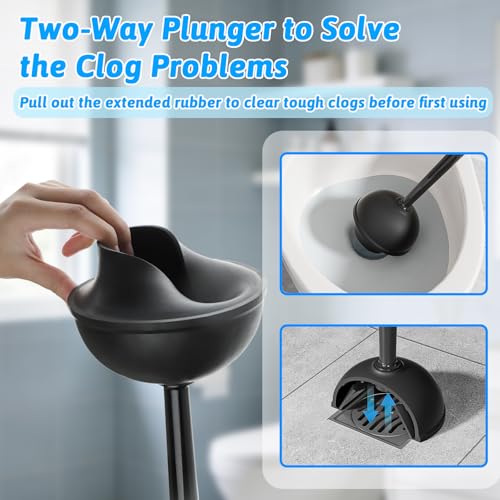 Sellemer Toilet Brush and Plunger Set, Curved Head Deep Clean, Black 2 Pack | Brush and Plunger set, Curved Nylon Bristles for Deep Clean, Strong Suction Plunger, Ventilated Holder for Quickly Air Dry - color: Black