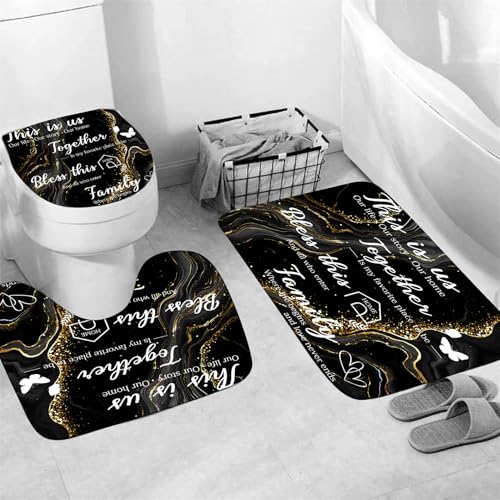 AZHM Family Shower Curtain Set Black Home Bathroom Set with Shower Curtain and Rugs and Accessories Marble Background Bathroom Decor with 12 Hooks - color: Gold Black