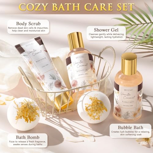 Mothers Day Birthday Gifts for Women, Vanilla Coconut Relaxing Spa Gift Baskets for Women Self Care Package Bath Gift Set, Home Bath and Body Kit Pampering Gifts for Womens Her Mom Friends Sister Wife - color: Brown-Vanilla Coconut