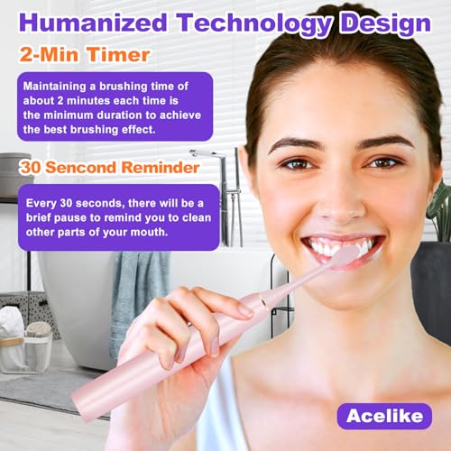Whitening Electric Toothbrush for Adults, Rechargeable Toothbrush with 8 Brush Heads & Travel Case, 5 Modes & Smart Timer, 45000VPM Deep Clean, IPX7,One Fast Charge Last 120 Days - Pink - color: Pink
