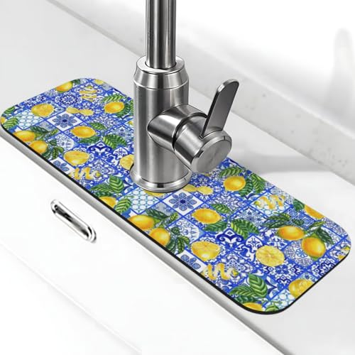 Lemon Mexican Tiles Italian Blue 15" X 5.5" Kitchen Sink Splash Guard Faucet Faucet Guard Draining Mat Sink Splash Guard Faucet Kitchen Bathroom - color: Lemon Mexican Tiles Italian Blue