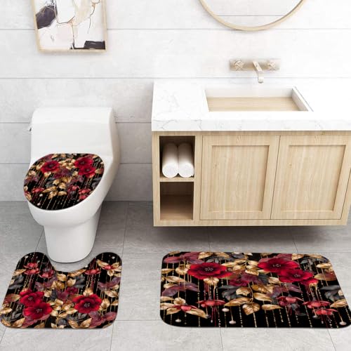 LQCOOL 4Pcs Red Flower Shower Curtain Set, Waterproof Bathroom Sets, Abstract Botanical Bathroom Sets with Shower Curtain and Rugs, Shower Curtain with 12 Hooks - color: Red Black