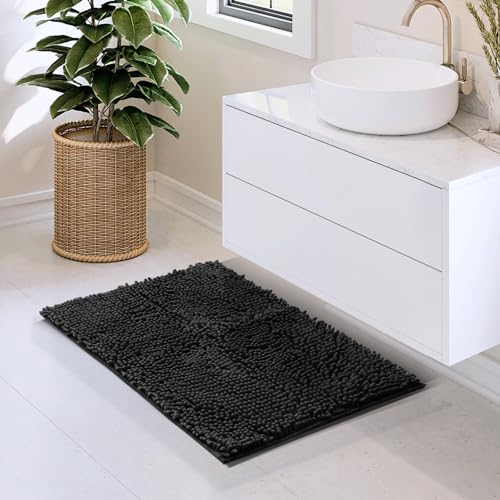 Hearth & Harbor Bathroom Rugs, Chenille Bath Mat - Machine Washable Bath Mats for Bathroom Non-Slip Backing Rubber, Quick Dry Bathroom Mat - color: Black, style: 17 x 24