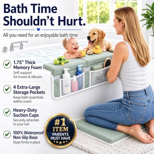 Comfortable Baby Bath Kneeler and Elbow Rest Pad Set, Non-Slip Bathtub Kneeling Pad for Bathing Baby, Bath Tub Cushion Mat, Elbow Pads, Toy Organizer Storage Pockets, Strong Suction Cups (Green Gray) - color: Green Gray
