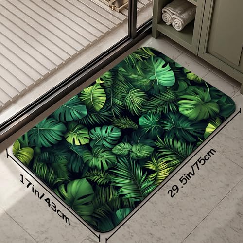 Bathroom Rug 29.5"x17",Green Tropical Palm,Bath Mat with Non-Slip Rubber Backing, Quick-Drying Absorbent Thin Floor Mat for Bathroom, Shower, Sink, or Kitchen - color: Green Tropical Leaves Palm