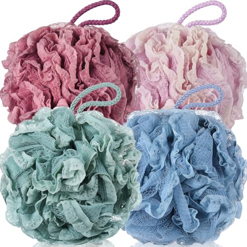 Sunnyray 4 Pack Loofah Bath Sponge Lace Mesh Set Large 60g Shower Poufs Body Scrubber Bath Loofah Ball Body Wash Sponge Exfoliating Scrubber Luffa Puff for Women Men Cleanse Skin Accessories (Classic) - color: Classic