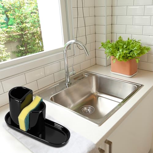 Geelin 3 in 1 Ceramic Kitchen Sink Caddy Dish Sponge Holder Scrub Brush Holder and Soap Tray for Kitchen Organizer Rustic Farmhouse Supplies(Black) - color: Black