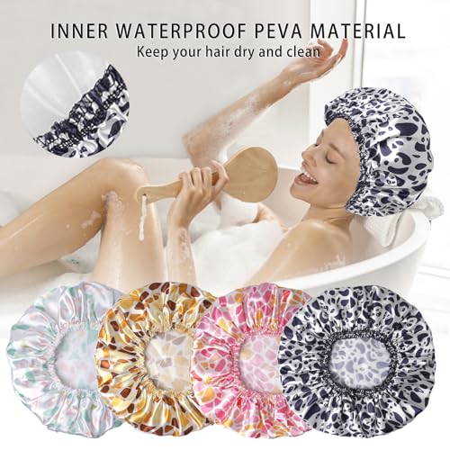 Shower Caps for Women, 4 PCS Elastic and Reusable Bath Caps, Double Layers Shower Cap Reusable Waterproof, Bathing Shower Caps, Environmental Bath Hair Protection Cap - Stone - color: Stone