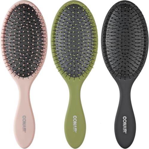 Conair Detangling Hair Brush Set, 3 count Detangler Brushes for Wet or Dry Hair, Gentle Detangler for All Types, Bristle Brushes for Women, Evergreen, Blush Pink, Black Assorted (Pack of 8) - color: Evergreen,Blush Pink,Black, size: 3 Count (Pack of 8)