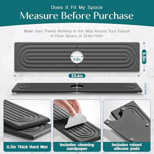 Large Faucet Mat for Kitchen Sink - Stone Drying Mat for Kitchen Counter, Diatomite Fast Drying Stone Sink Tray, Super Absorbent, Stylish Decor and Protector for Bathroom (Dark Grey, 23.6" x 5.5") - color: Dark Gray, size: 23.6" x 5.5"