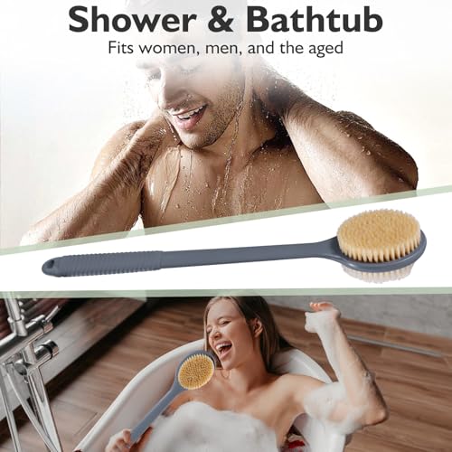 VANZAVANZU 17 Inch Anti-Slip Long Handle Back Scrubber for Shower – Dual-Sided Shower Brush and Shower Back Scrubber with Soft and Stiff Bristles for Wet or Dry Brushing (Gray) - size: 17 in - Gray