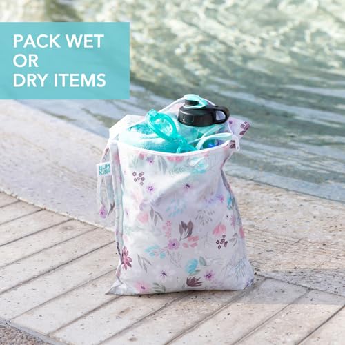 Bumkins Waterproof Wet Bag for Baby, Travel, Swim Suit, Cloth Diapers, Pump Parts, Pool, Beach, Gym Clothes, Toiletry, Hook to Stroller, Daycare, Zipper Reusable Wetdry Packing Pouch, Florals Gray - color: D2 Floral, style: Wet Bag