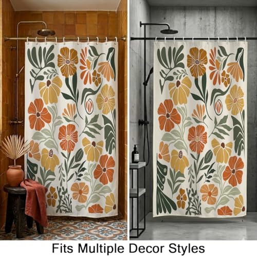 Boho Floral Shower Curtain Stall Small Half Single Mini Vintage Retro Orange Flower Cute Colorful Fun Abstract Pretty Aesthetic Fabric Cloth Bathroom Decor Set 36x72 inch Polyester 7 Hooks - color: Orange, size: 36"W x 72"L (Pack of 1)