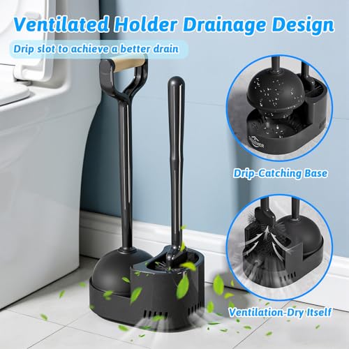 Sellemer Toilet Brush and Plunger Set, Curved Head Deep Clean, Black 2 Pack | Brush and Plunger set, Curved Nylon Bristles for Deep Clean, Strong Suction Plunger, Ventilated Holder for Quickly Air Dry - color: Black