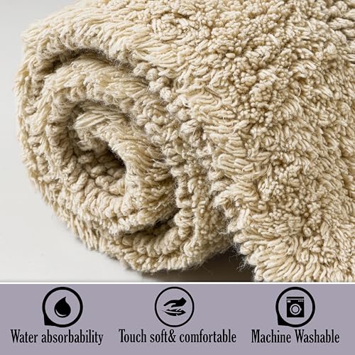 KEMA Soft 100% Cotton Linen Bath Mat 17"x24" - Regular Use Rectangular Spa Mat Rug Plush Water Absorbent, Decorative Border for Bathroom Vanity, Bathtub/Shower - Machine Washable - 1 Pack - color: Linen
