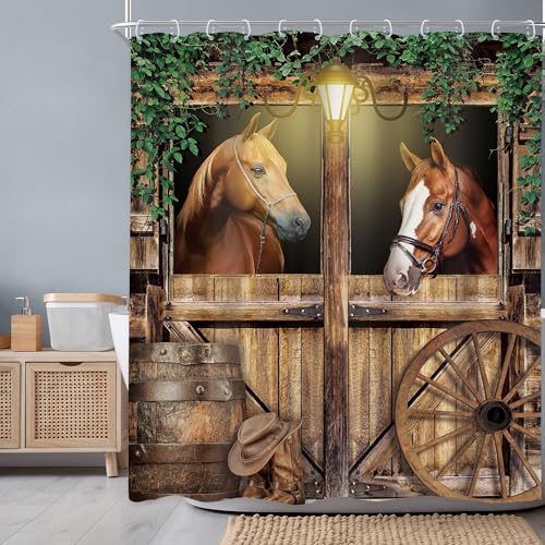 Newsely Western Horse Barn Door Shower Curtain 60Wx72H Inch Farmhouse Cowboy Old Wild West Green Leaves Shower Curtain Bathroom Set Wood Stable Wheels Waterproof Bath Decoration Accessories Home Decor - color: D-01horse, size: 60"W x 72"L (Pack of 1)