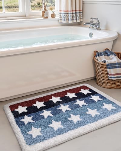 DEXI Rustic Star Bathroom Rug, 32x20 Non Slip Washable Bath Mat Absorbent, Ultra Soft Plush Microfiber Bathmat Quick Dry for Shower Floor, Tub, Sink, Colorful Stripes - color: Stripes Blue and Star, size: 32" X 20" (Rectangular)