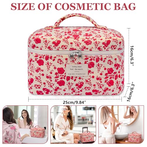 Gosect Large Makeup Bag, Cute Cosmetic Bag for Women Girls, Floral Coquette Aesthetic Toiletry Bag, Travel Make Up Organizer Bag (Pink Rose) - color: 014Pink Rose