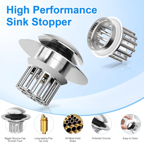 Universal 4 in 1 Bathroom Sink Stopper with Removable Filter Basket, Pop Up Pure Copper Bathroom Sink Drain Strainer, Anti-Clogging Bathroom Drain Stopper Sink Plug for 1.06"-1.65" Basin Drain Holes - color: Silver With Removable Basket