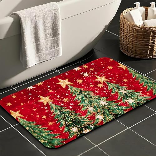 Identiy Christmas Bath Mat, Red Christmas Tree and Stars Bathroom Rug, Soft Super Absorbent Machine Washable Quick Dry and Non-Slip Bathtub Mat for Tub Shower Bathroom Floor 17"x29.5" - color: Red Christmas Tree and Stars