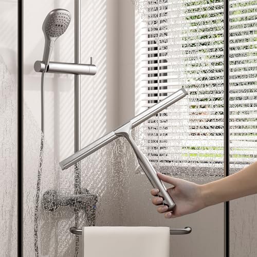 Shower Squeegee for Glass Doors, Stainless Steel Shower Squeegee for Bathroom, Window and Tiles, All-Purpose Squeegee with Adhesive Hook-10”, Chrome - color: Chrome, size: 10