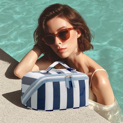 DYSHAYEN Stripe Travel Makeup Bag with Compartments Clear Coated Cosmetic Bag for Women, Waterproof Portable Open Flat Toiletry bag （White-Navy） - color: White-Navy