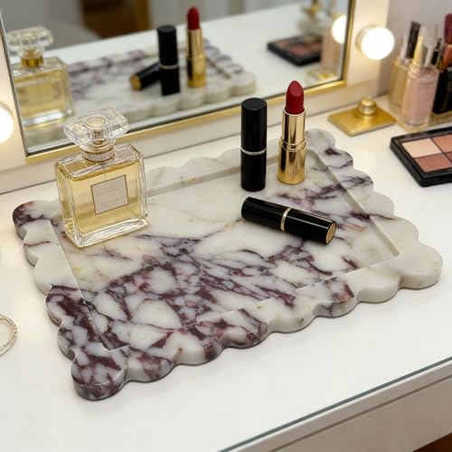Real Natural Calacatta Viola Marble Tray, Luxury Scalloped Marble Tray, Decorative Rectangle Marble Tray for Vanity Bathroom Kitchen Coffee Table Jewelry Perfume Home Decor - color: Calacatta Viola