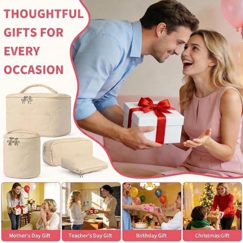 4Pcs Quilted Makeup Bag Set, Cute Bowknot Puffy Makeup Bag Toiletry Bag w/ Bow Zipper Travel Essentials Large Water-Resistant Travel Makeup Bag Versatile Cosmetic Organizer Pouch for Women Girls - color: Khaki