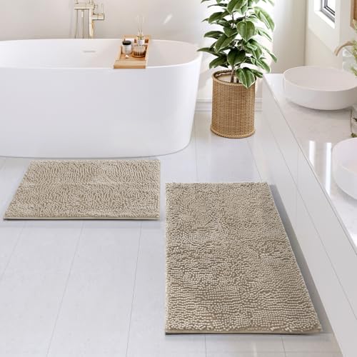 Hearth & Harbor Bathroom Rugs, Chenille Bath Mat - Machine Washable Bath Mats for Bathroom Non-Slip Backing Rubber, Quick Dry Bathroom Mat - color: Beige, style: 17 x 24 + 20 x 32