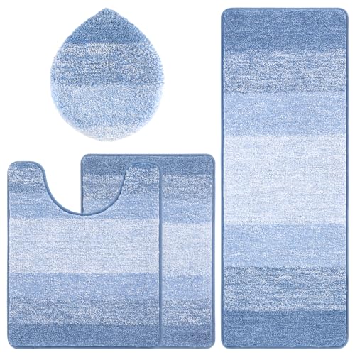 Bsmathom Bathroom Rugs Sets 4 Piece, Soft Absorbent Microfiber Bath Rugs with U-Shaped Contour Toilet Rug and Toilet Lid Cover, Thick Non-Slip Plush Shaggy Bath Mat Set,Light Blue - color: Light Blue, size: 18"x26"+18"x48"+U20"x24"+Cover19"x21"