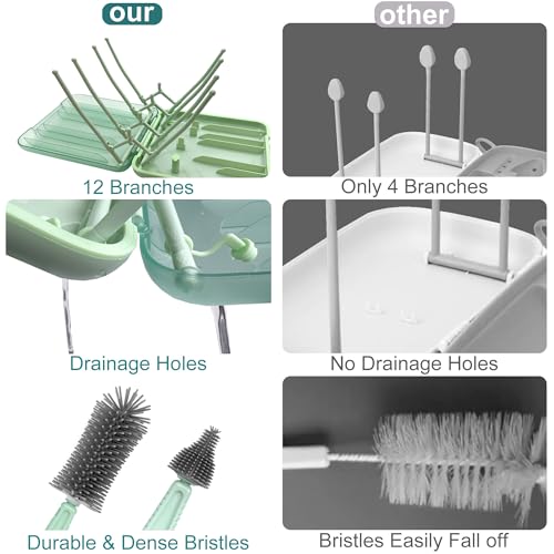 Baby Bottle Brush, 7 in 1 Travel Bottle Cleaner Kit with Silicone Bottle Brush, Nipple Brush, Straw Brush, Soap Dispenser, Bottle Drying Rack, Dishcloths, Portable Essentials for Home and Travel-Green - color: Green