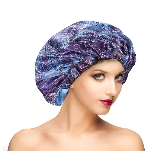 Fishent Shower Cap, Large Shower Caps for Women Reusable Double Layer Waterproof, Adjustable Extra Large Shower Cap for Long Hair and Braids (Bluish violet) - color: Bluish violet, size: X-Large